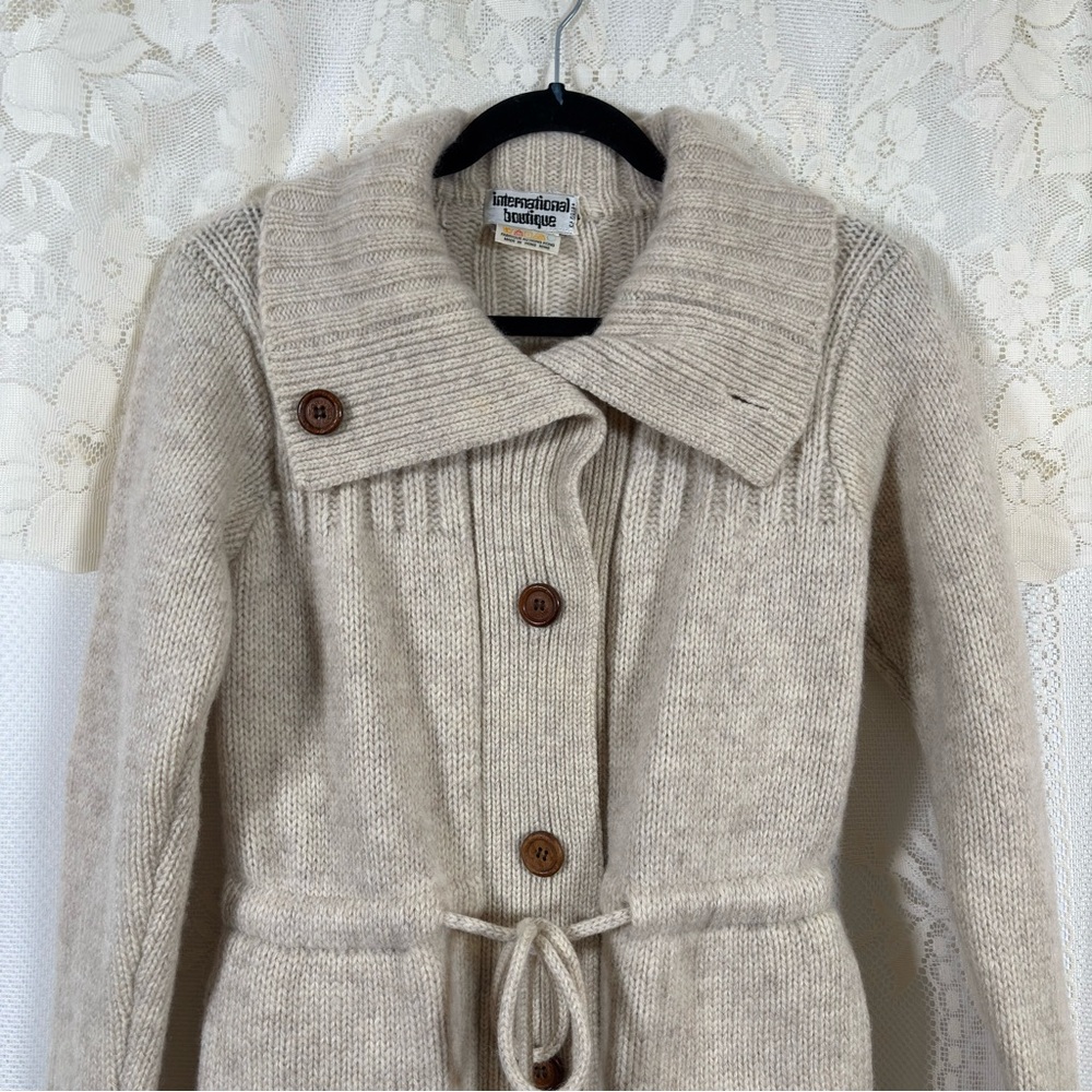 Vintage 60s 70s Wool Cardigan Sweater Cream Beige Belted Hippie Boho Size Xs - Picture 4 of 8